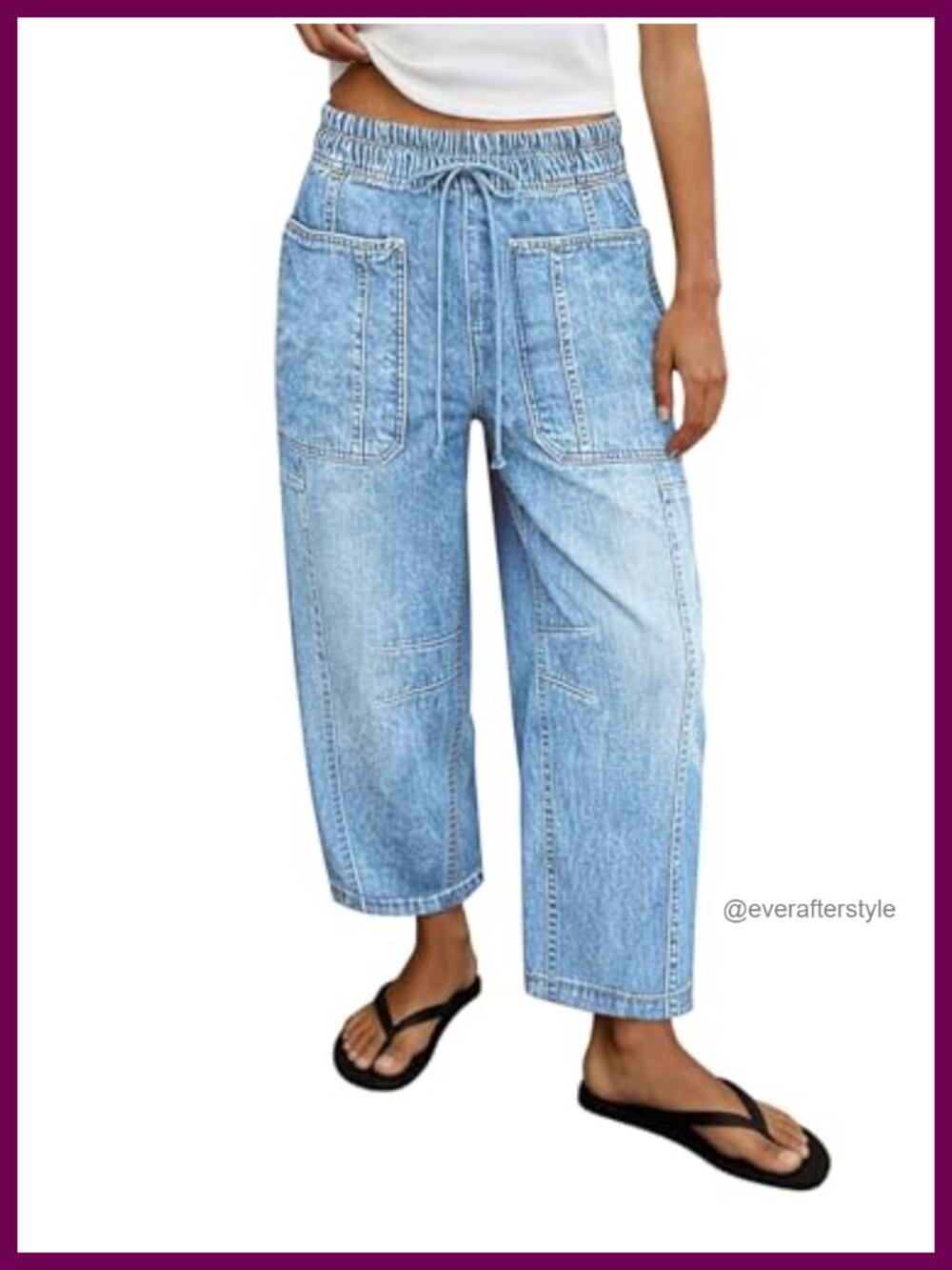 High Waist Barrel Leg Drawstring Patch Pocket Jeans Tapered Ankle